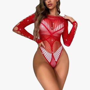 Red Rhinestone Fishnet Bodysuit
